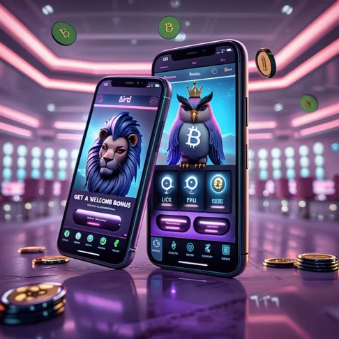 Aphrodite Casino casino crypto sur application mobile avec mascottes lion et hibou couronné dans un environnement néon