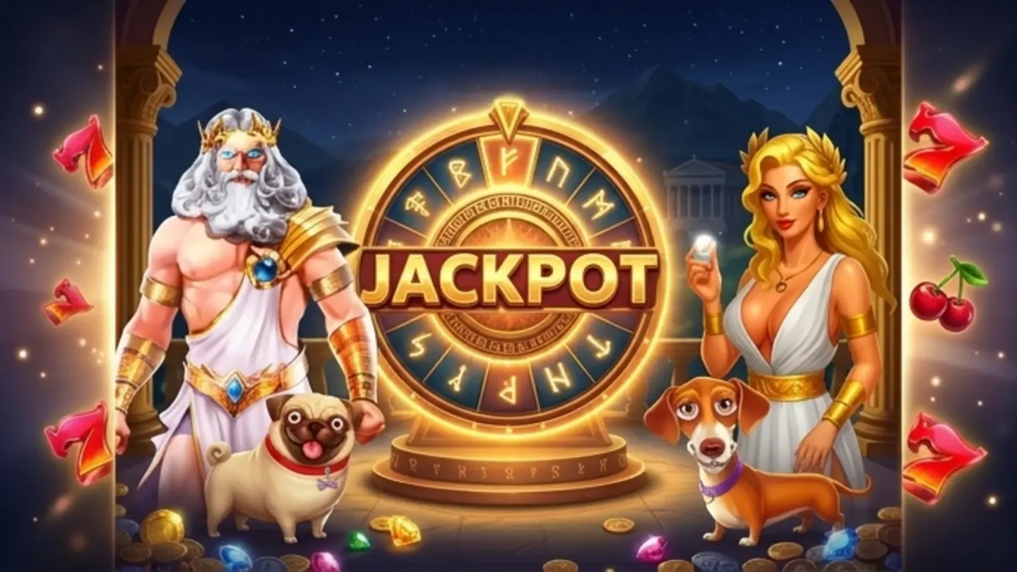 Roue jackpot sur Aphrodite Casino avec Zeus et Aphrodite thème Olympe